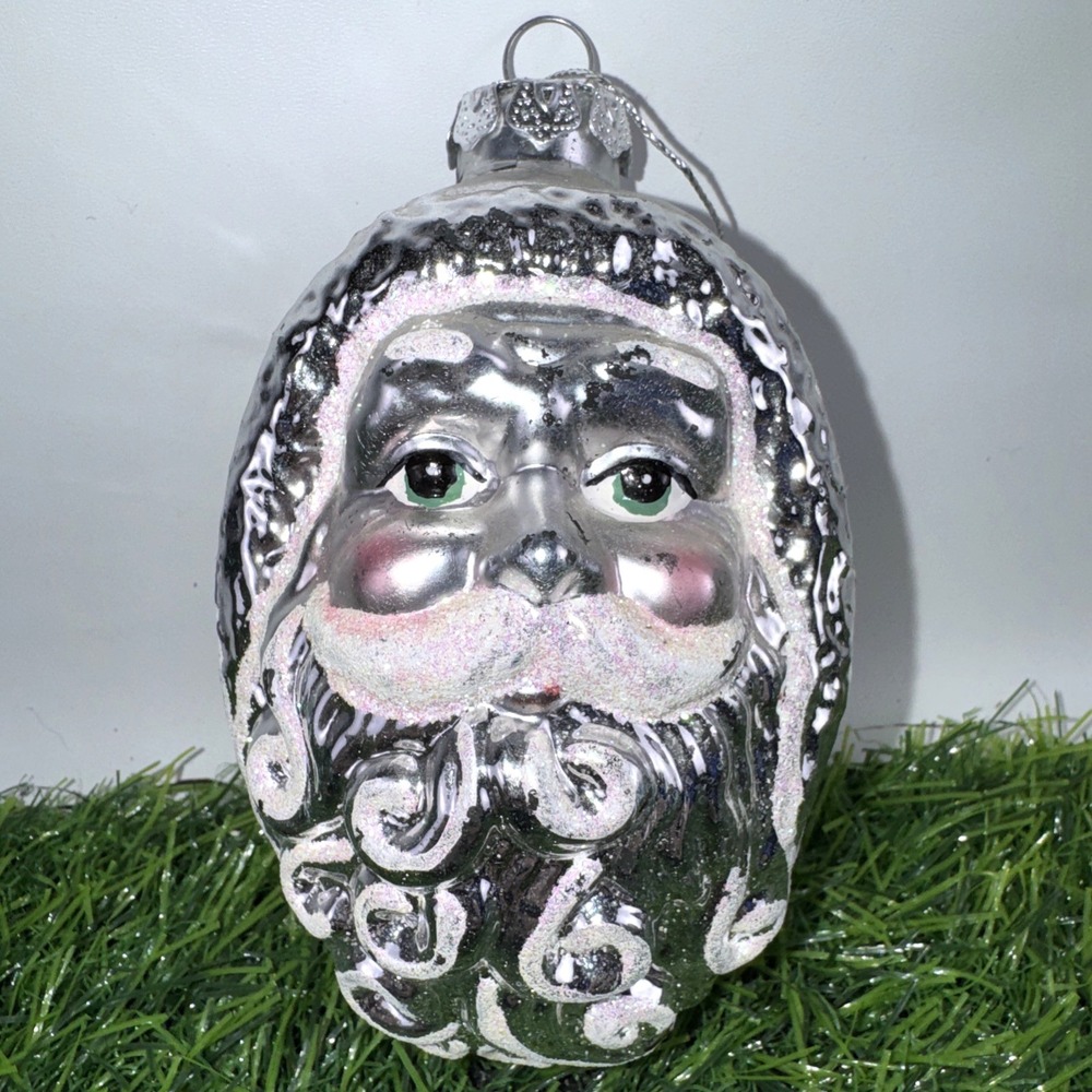 5" Vintage Blown Glass Santa Head Ornament White Silver Glitter Christmas Marks
